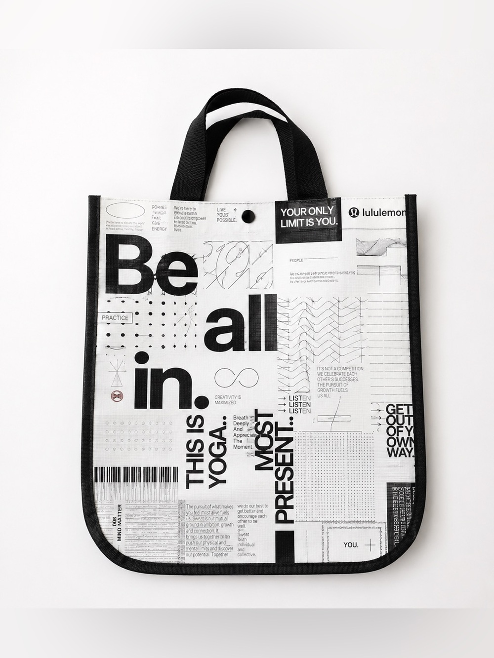 New Lululemon Large Reusable Tote Bag Black White Graphic Snap Closure